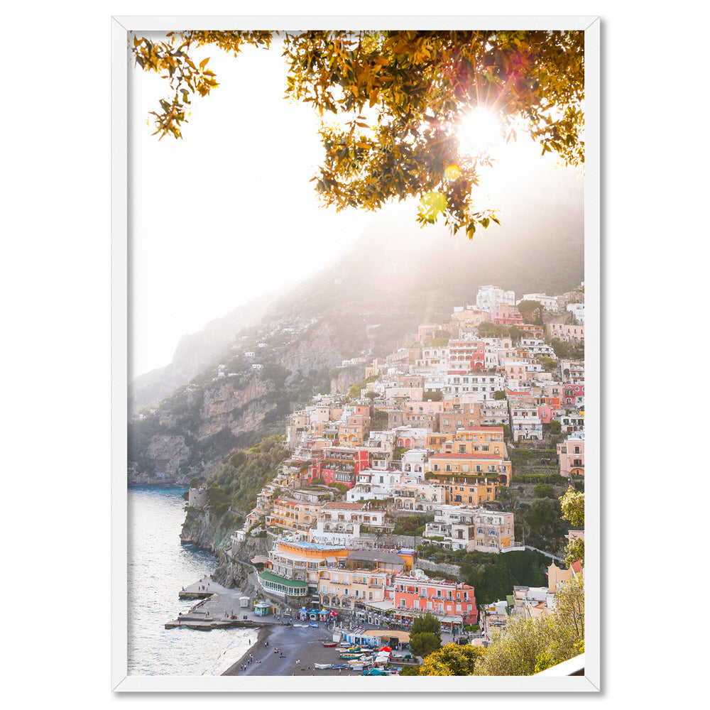 Positano Cliffside Morning - Art Print by Victoria's Stories, Poster, Stretched Canvas, or Framed Wall Art Print, shown in a white frame