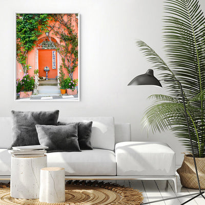 Orange Doorway Positano - Art Print by Victoria's Stories, Poster, Stretched Canvas or Framed Wall Art Prints, shown framed in a room