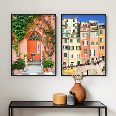 Orange Doorway Positano - Art Print by Victoria's Stories, Poster, Stretched Canvas or Framed Wall Art, shown framed in a home interior space
