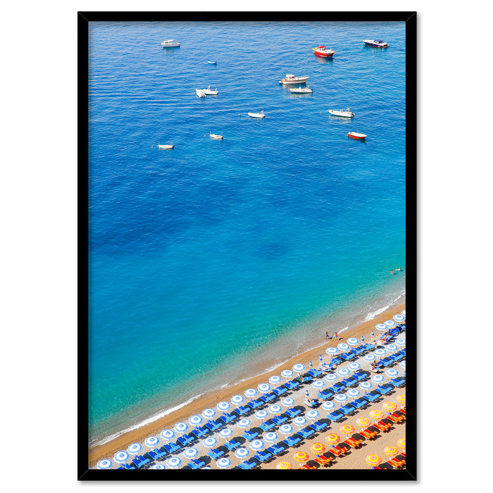 Positano Beach View I - Art Print by Victoria's Stories, Poster, Stretched Canvas, or Framed Wall Art Print, shown in a black frame