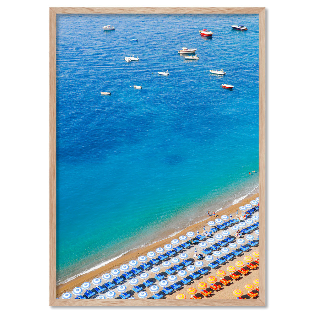 Positano Beach View I - Art Print by Victoria's Stories, Poster, Stretched Canvas, or Framed Wall Art Print, shown in a natural timber frame