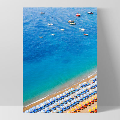 Positano Beach View I - Art Print by Victoria's Stories, Poster, Stretched Canvas, or Framed Wall Art Print, shown as a stretched canvas or poster without a frame
