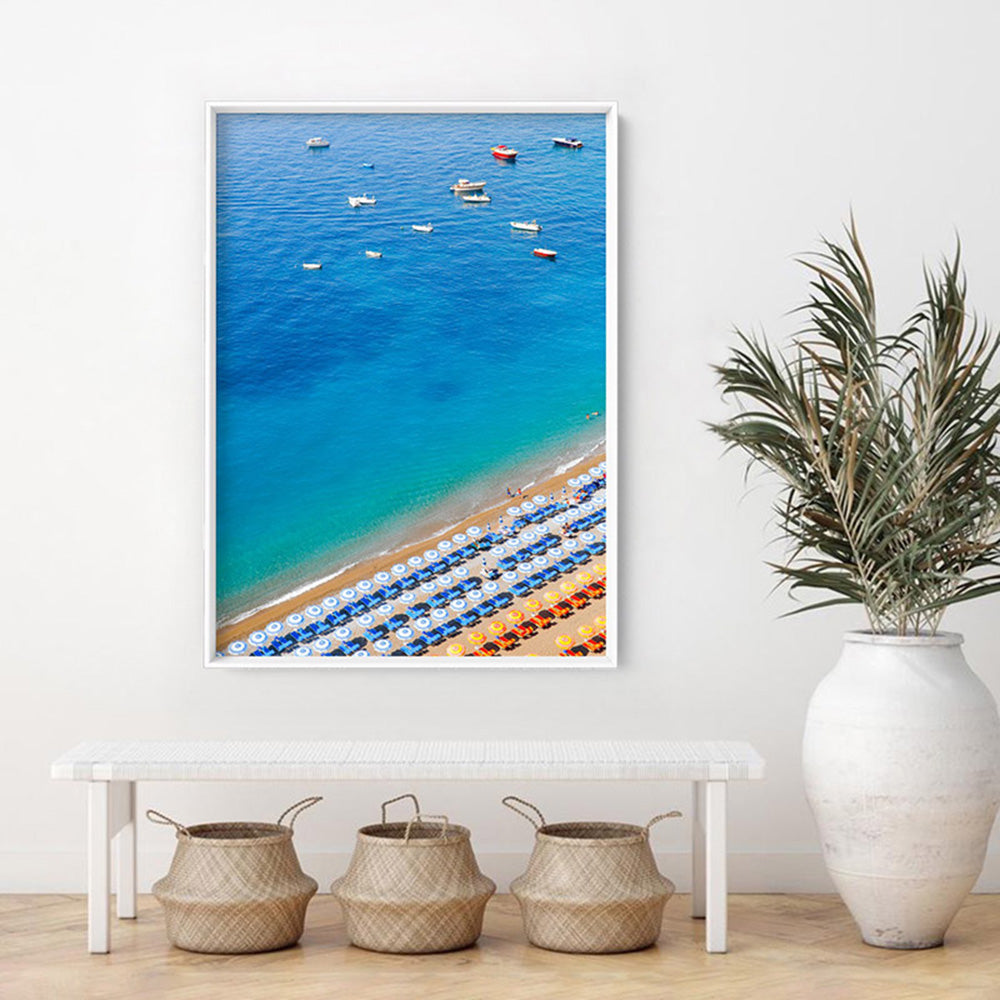 Positano Beach View I - Art Print by Victoria's Stories, Poster, Stretched Canvas or Framed Wall Art Prints, shown framed in a room