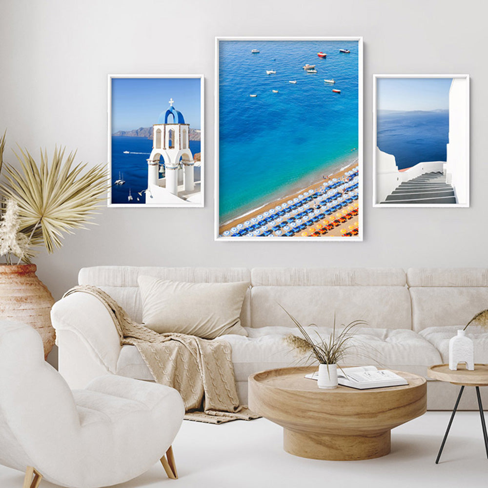 Positano Beach View I - Art Print by Victoria's Stories, Poster, Stretched Canvas or Framed Wall Art, shown framed in a home interior space