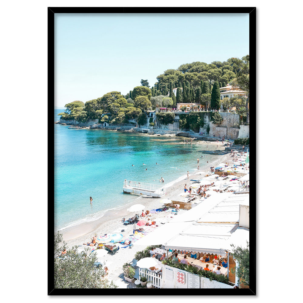 Portofino Beach Days - Art Print by Victoria's Stories, Poster, Stretched Canvas, or Framed Wall Art Print, shown in a black frame