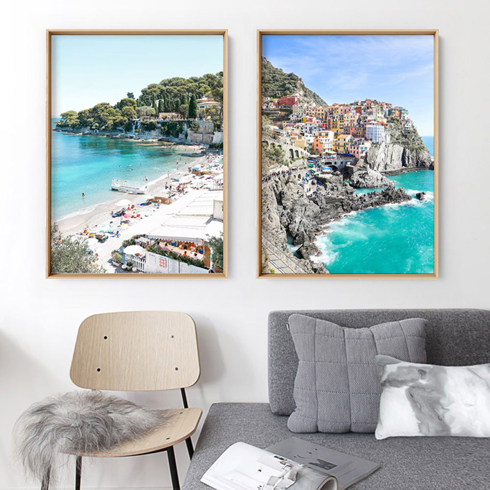 Portofino Beach Days - Art Print by Victoria's Stories, Poster, Stretched Canvas or Framed Wall Art, shown framed in a home interior space