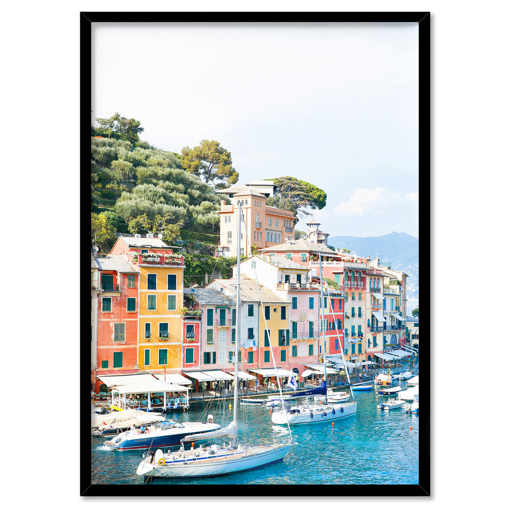Portofino Coast Yachts - Art Print by Victoria's Stories, Poster, Stretched Canvas, or Framed Wall Art Print, shown in a black frame