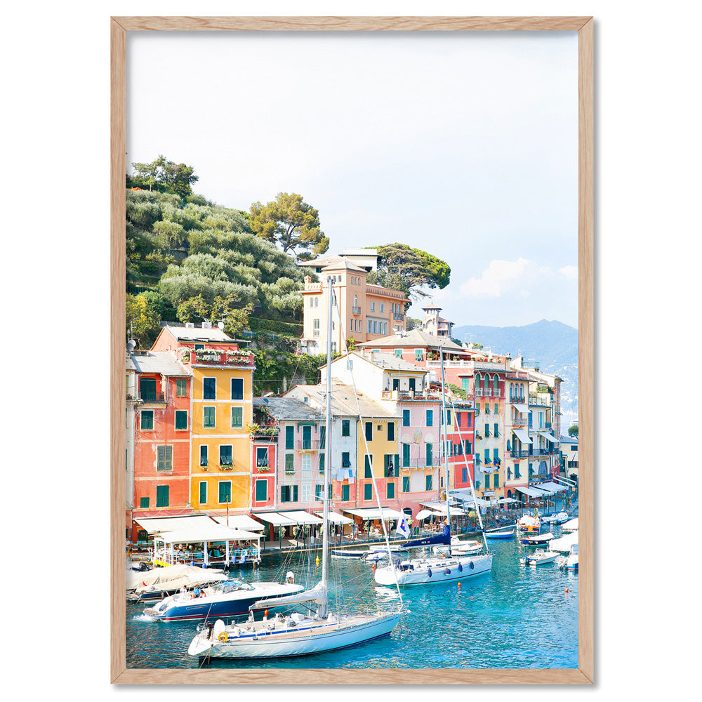 Portofino Coast Yachts - Art Print by Victoria's Stories, Poster, Stretched Canvas, or Framed Wall Art Print, shown in a natural timber frame