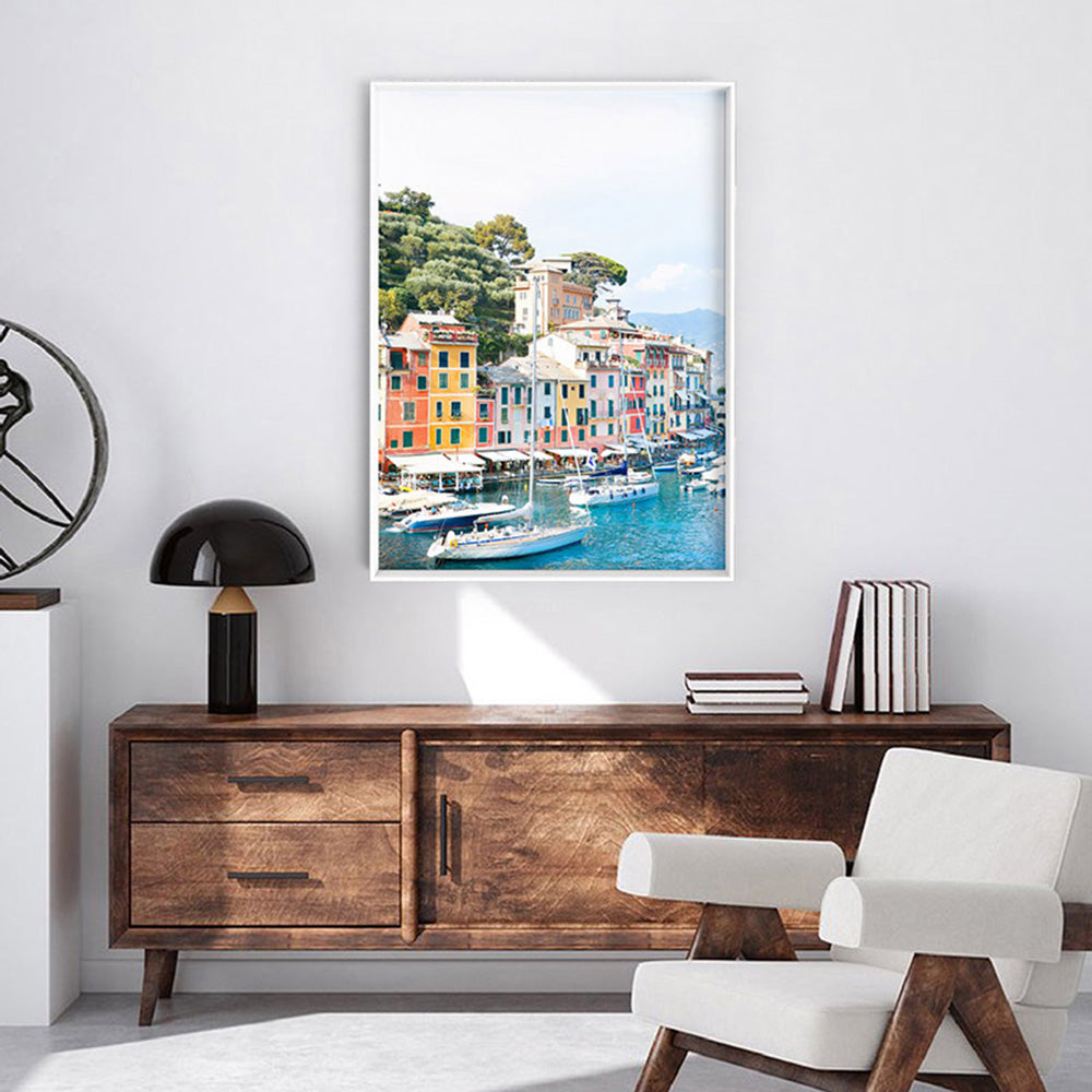 Portofino Coast Yachts - Art Print by Victoria's Stories, Poster, Stretched Canvas or Framed Wall Art Prints, shown framed in a room