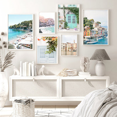 Portofino Coast Yachts - Art Print by Victoria's Stories, Poster, Stretched Canvas or Framed Wall Art, shown framed in a home interior space