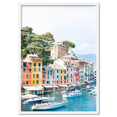 Portofino Coast Yachts - Art Print by Victoria's Stories, Poster, Stretched Canvas, or Framed Wall Art Print, shown in a white frame