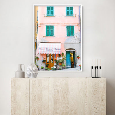 Italian Pastel Getaway in Cinque Terre - Art Print by Victoria's Stories, Poster, Stretched Canvas or Framed Wall Art Prints, shown framed in a room