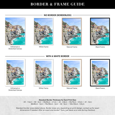 Cinque Terre Italian Coast | Cliffside - Art Print by Victoria's Stories, Poster, Stretched Canvas or Framed Wall Art, Showing White , Black, Natural Frame Colours, No Frame (Unframed) or Stretched Canvas, and With or Without White Borders