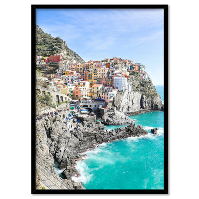 Cinque Terre Italian Coast | Cliffside - Art Print by Victoria's Stories, Poster, Stretched Canvas, or Framed Wall Art Print, shown in a black frame