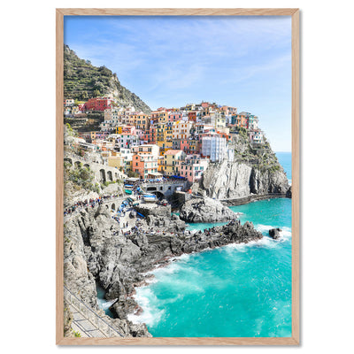 Cinque Terre Italian Coast | Cliffside - Art Print by Victoria's Stories, Poster, Stretched Canvas, or Framed Wall Art Print, shown in a natural timber frame