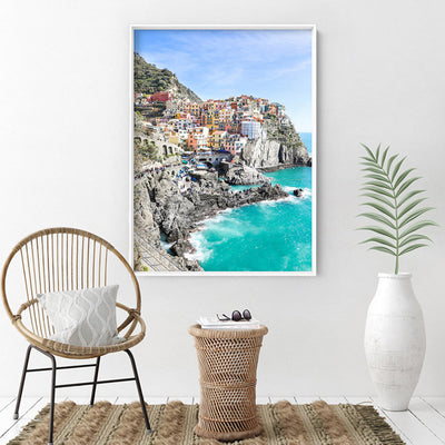 Cinque Terre Italian Coast | Cliffside - Art Print by Victoria's Stories, Poster, Stretched Canvas or Framed Wall Art Prints, shown framed in a room