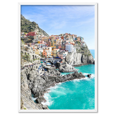 Cinque Terre Italian Coast | Cliffside - Art Print by Victoria's Stories, Poster, Stretched Canvas, or Framed Wall Art Print, shown in a white frame