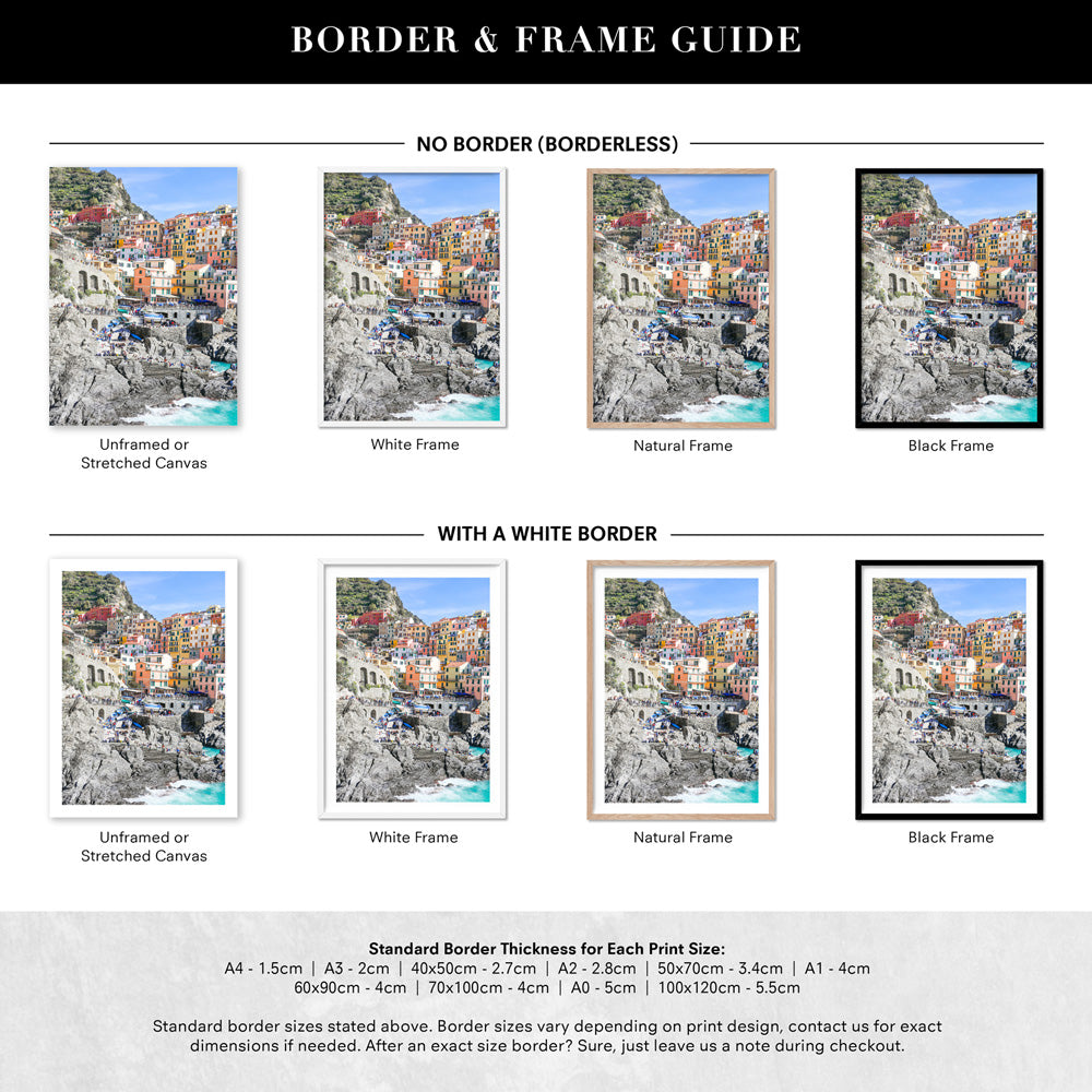 Cinque Terre Italian Coast | Village - Art Print by Victoria's Stories, Poster, Stretched Canvas or Framed Wall Art, Showing White , Black, Natural Frame Colours, No Frame (Unframed) or Stretched Canvas, and With or Without White Borders