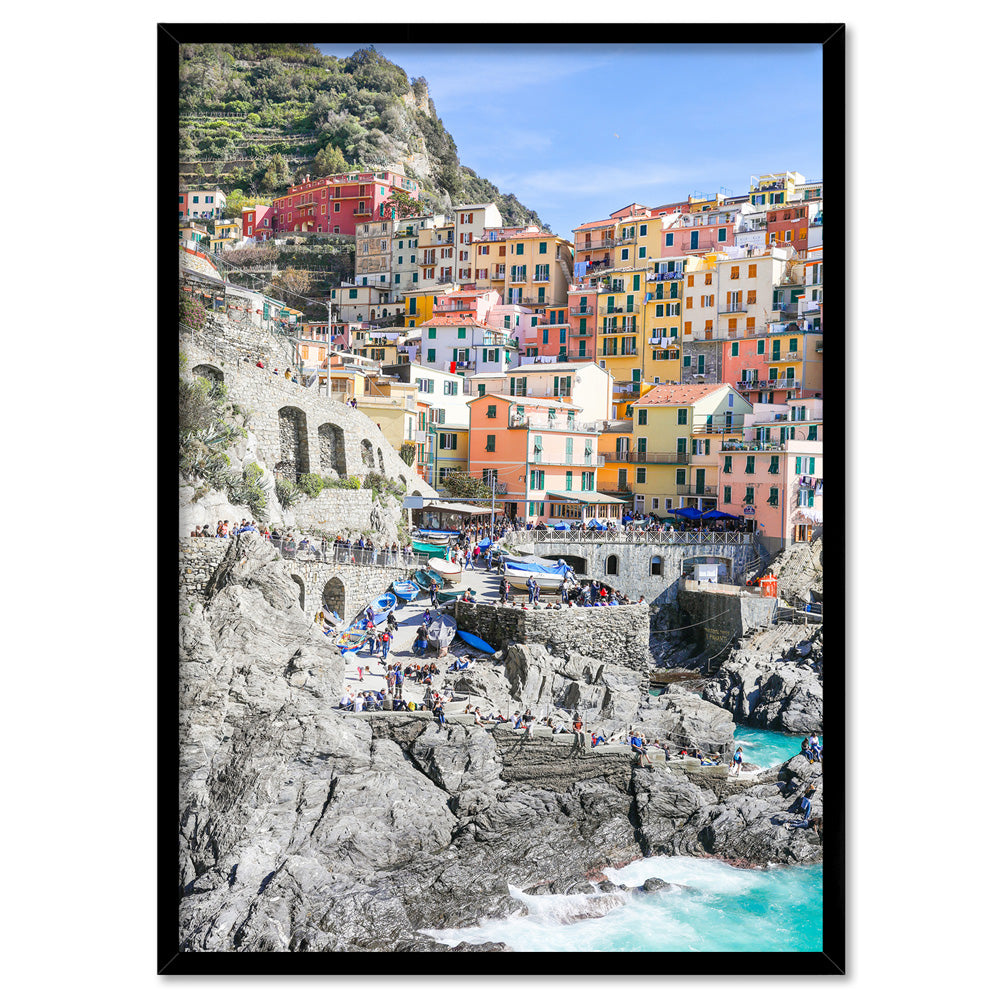 Cinque Terre Italian Coast | Village - Art Print by Victoria's Stories, Poster, Stretched Canvas, or Framed Wall Art Print, shown in a black frame