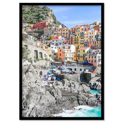 Cinque Terre Italian Coast | Village - Art Print by Victoria's Stories, Poster, Stretched Canvas, or Framed Wall Art Print, shown in a black frame