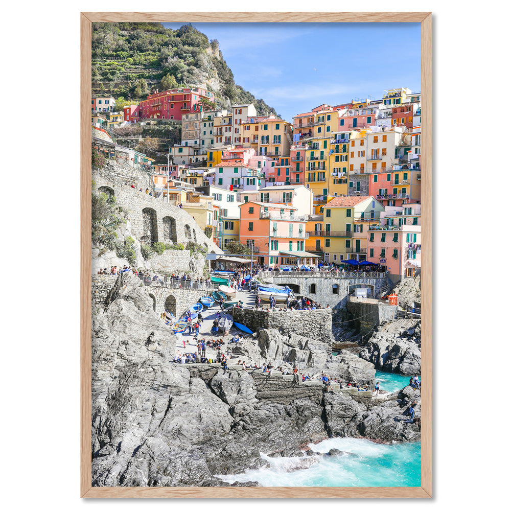 Cinque Terre Italian Coast | Village - Art Print by Victoria's Stories, Poster, Stretched Canvas, or Framed Wall Art Print, shown in a natural timber frame