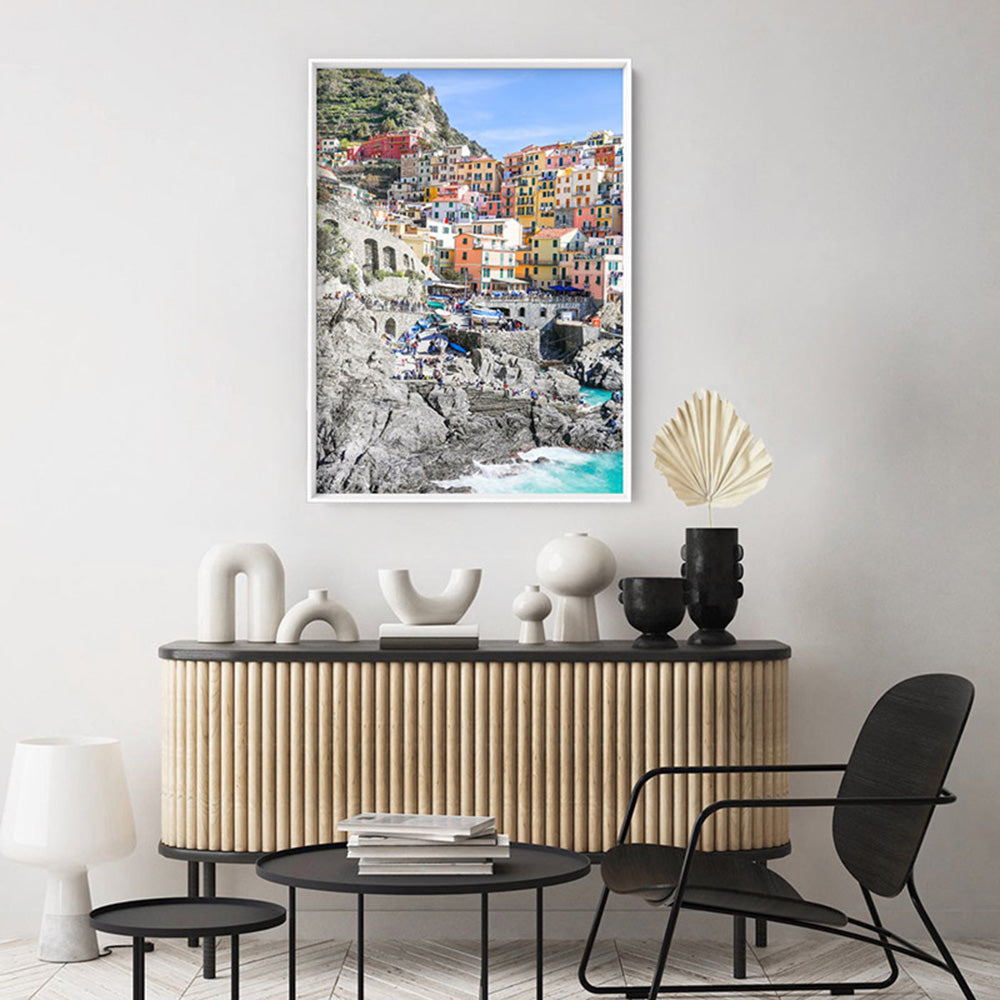 Cinque Terre Italian Coast | Village - Art Print by Victoria's Stories, Poster, Stretched Canvas or Framed Wall Art Prints, shown framed in a room