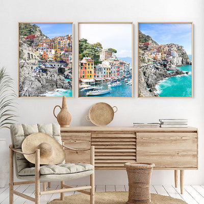 Cinque Terre Italian Coast | Village - Art Print by Victoria's Stories, Poster, Stretched Canvas or Framed Wall Art, shown framed in a home interior space