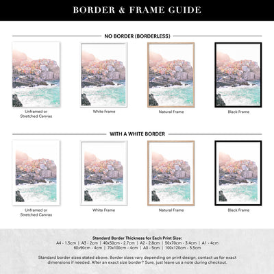 Cinque Terre Italian Coast | Sunrise - Art Print by Victoria's Stories, Poster, Stretched Canvas or Framed Wall Art, Showing White , Black, Natural Frame Colours, No Frame (Unframed) or Stretched Canvas, and With or Without White Borders