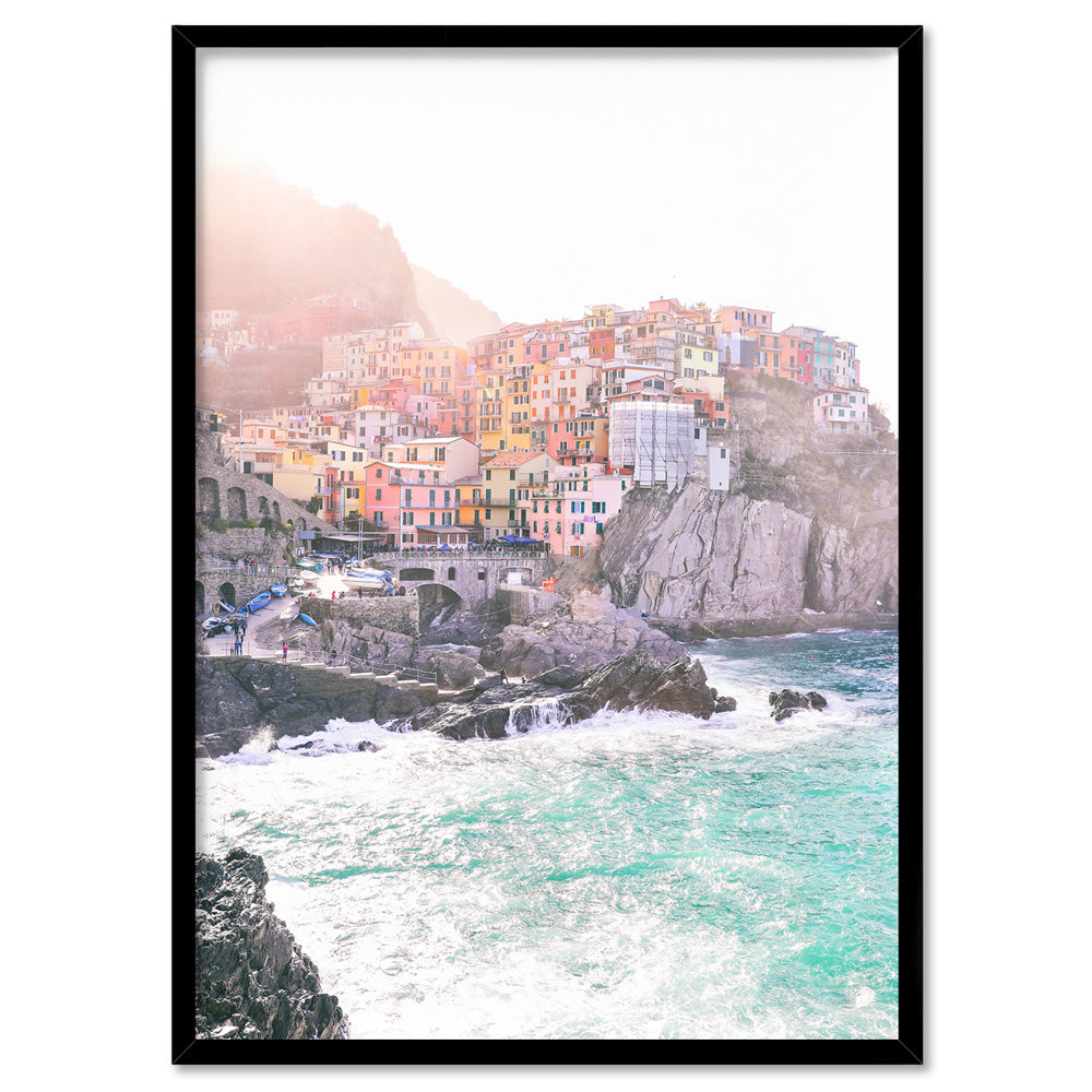 Cinque Terre Italian Coast | Sunrise - Art Print by Victoria's Stories, Poster, Stretched Canvas, or Framed Wall Art Print, shown in a black frame