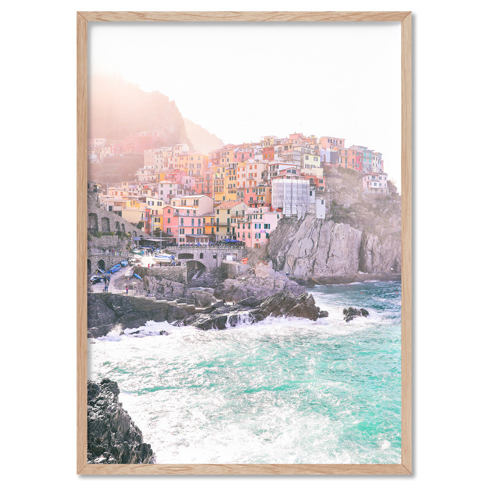 Cinque Terre Italian Coast | Sunrise - Art Print by Victoria's Stories, Poster, Stretched Canvas, or Framed Wall Art Print, shown in a natural timber frame