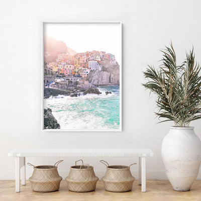 Cinque Terre Italian Coast | Sunrise - Art Print by Victoria's Stories, Poster, Stretched Canvas or Framed Wall Art Prints, shown framed in a room