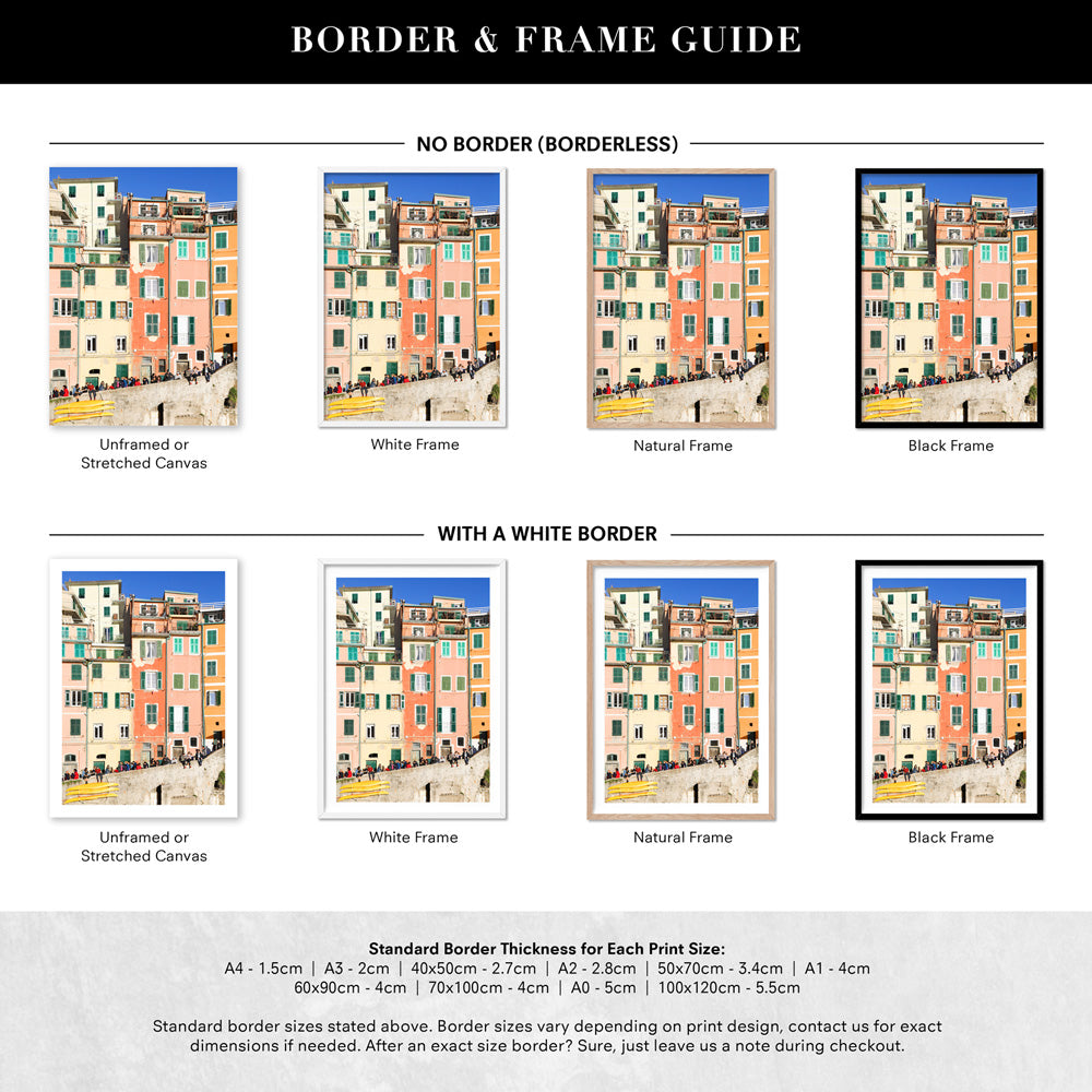 Colourful houses of Cinque Terre I - Art Print by Victoria's Stories, Poster, Stretched Canvas or Framed Wall Art, Showing White , Black, Natural Frame Colours, No Frame (Unframed) or Stretched Canvas, and With or Without White Borders