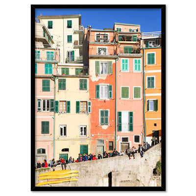 Colourful houses of Cinque Terre I - Art Print by Victoria's Stories, Poster, Stretched Canvas, or Framed Wall Art Print, shown in a black frame