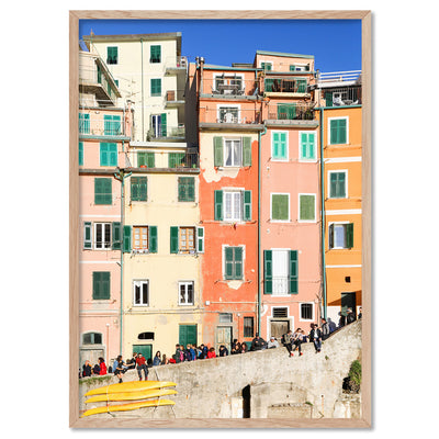 Colourful houses of Cinque Terre I - Art Print by Victoria's Stories, Poster, Stretched Canvas, or Framed Wall Art Print, shown in a natural timber frame