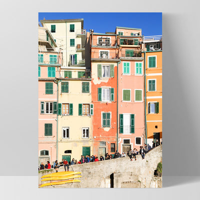 Colourful houses of Cinque Terre I - Art Print by Victoria's Stories, Poster, Stretched Canvas, or Framed Wall Art Print, shown as a stretched canvas or poster without a frame
