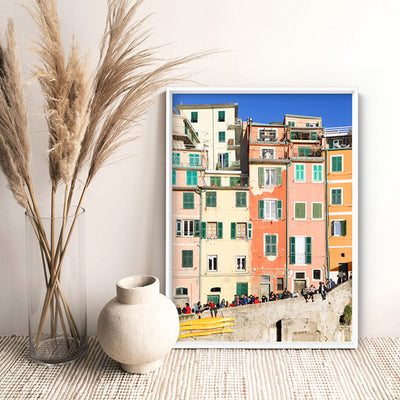 Colourful houses of Cinque Terre I - Art Print by Victoria's Stories, Poster, Stretched Canvas or Framed Wall Art Prints, shown framed in a room
