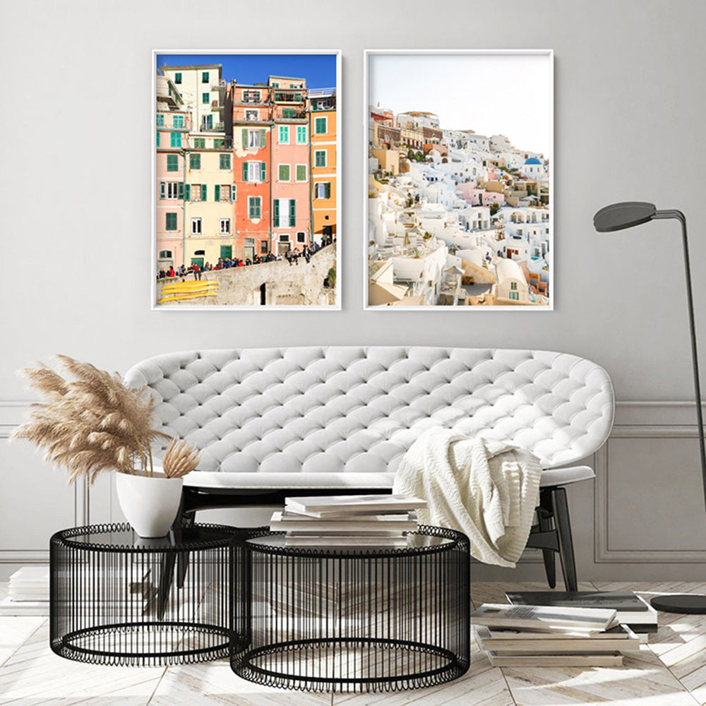 Colourful houses of Cinque Terre I - Art Print by Victoria's Stories, Poster, Stretched Canvas or Framed Wall Art, shown framed in a home interior space