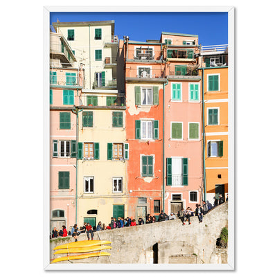 Colourful houses of Cinque Terre I - Art Print by Victoria's Stories, Poster, Stretched Canvas, or Framed Wall Art Print, shown in a white frame