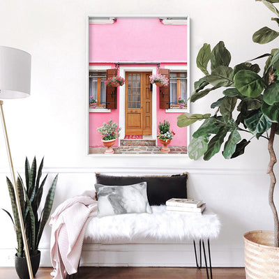 Pink Villa Burano Italy - Art Print by Victoria's Stories, Poster, Stretched Canvas or Framed Wall Art Prints, shown framed in a room