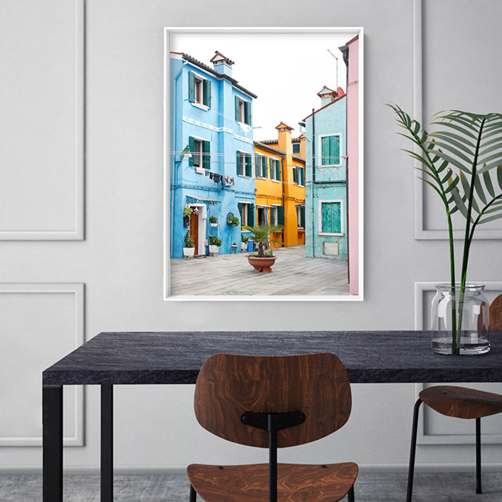 Burano Village Terraces I - Art Print by Victoria's Stories, Poster, Stretched Canvas or Framed Wall Art Prints, shown framed in a room