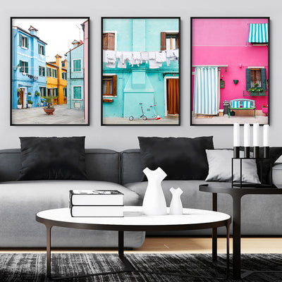 Burano Village Terraces I - Art Print by Victoria's Stories, Poster, Stretched Canvas or Framed Wall Art, shown framed in a home interior space