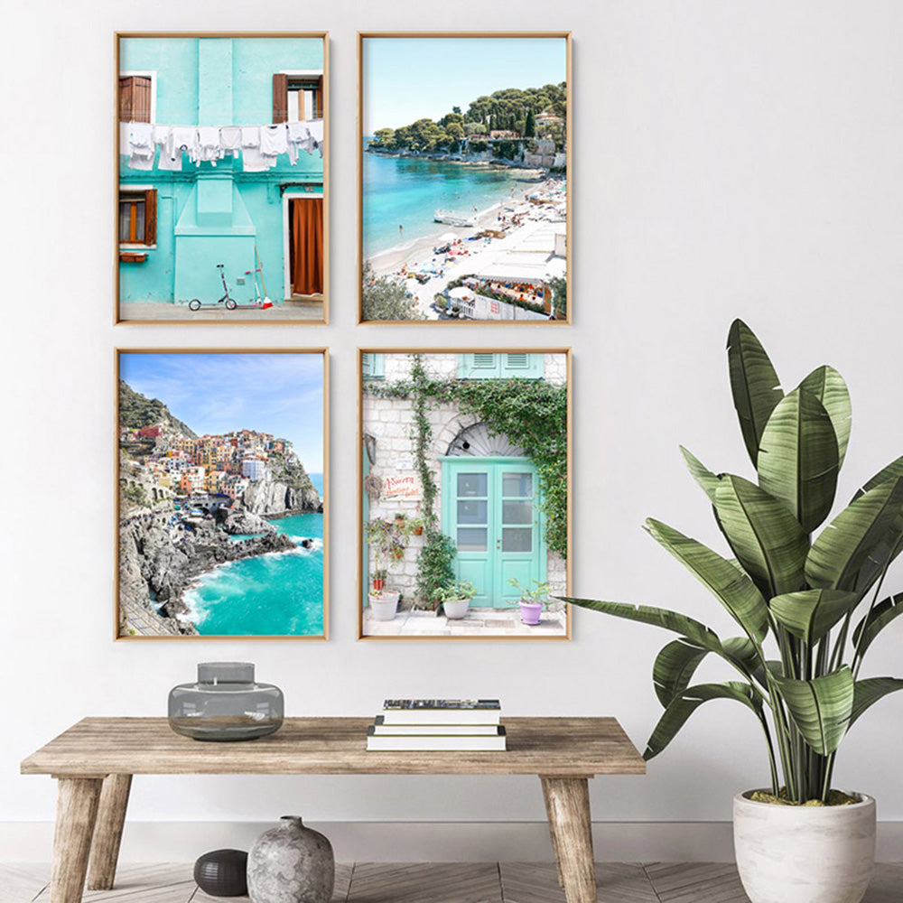 Turquoise Terrace Washing Burano - Art Print by Victoria's Stories, Poster, Stretched Canvas or Framed Wall Art, shown framed in a home interior space