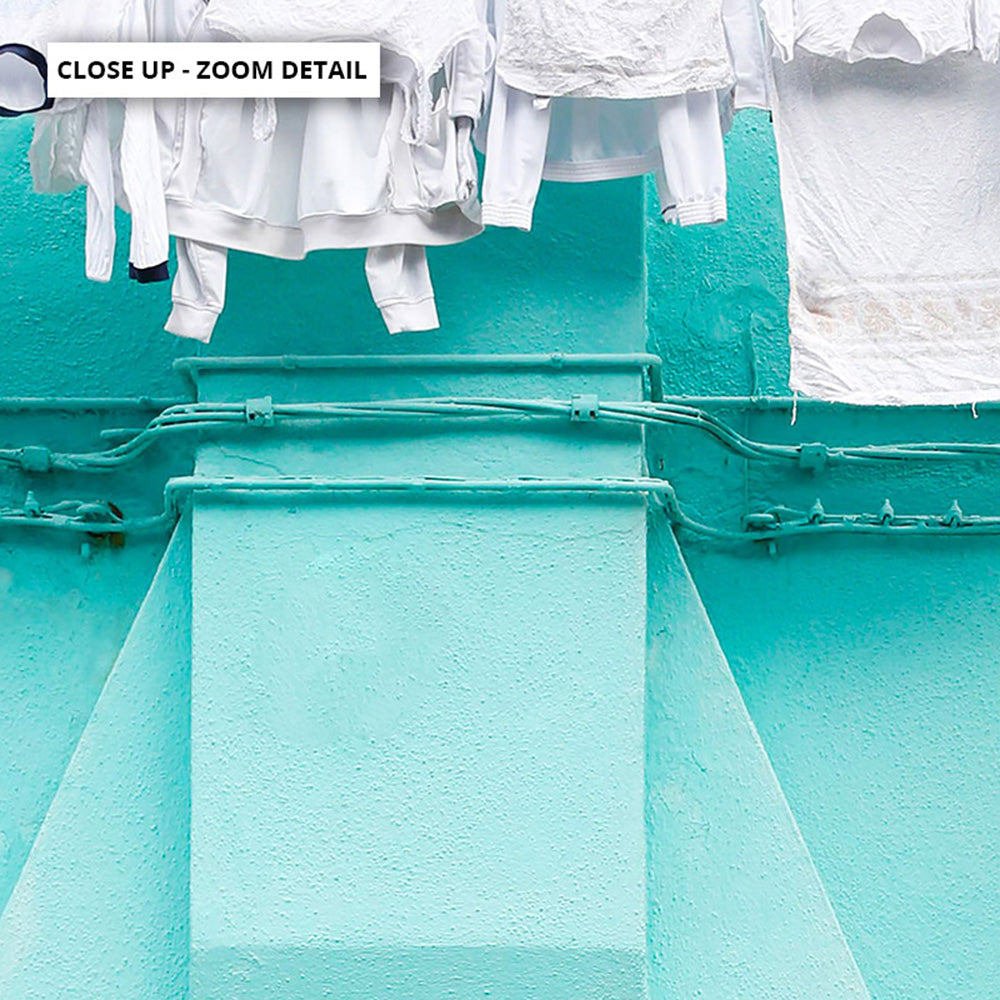 Turquoise Terrace Washing Burano - Art Print by Victoria's Stories, Poster, Stretched Canvas or Framed Wall Art, Close up View of Print Resolution