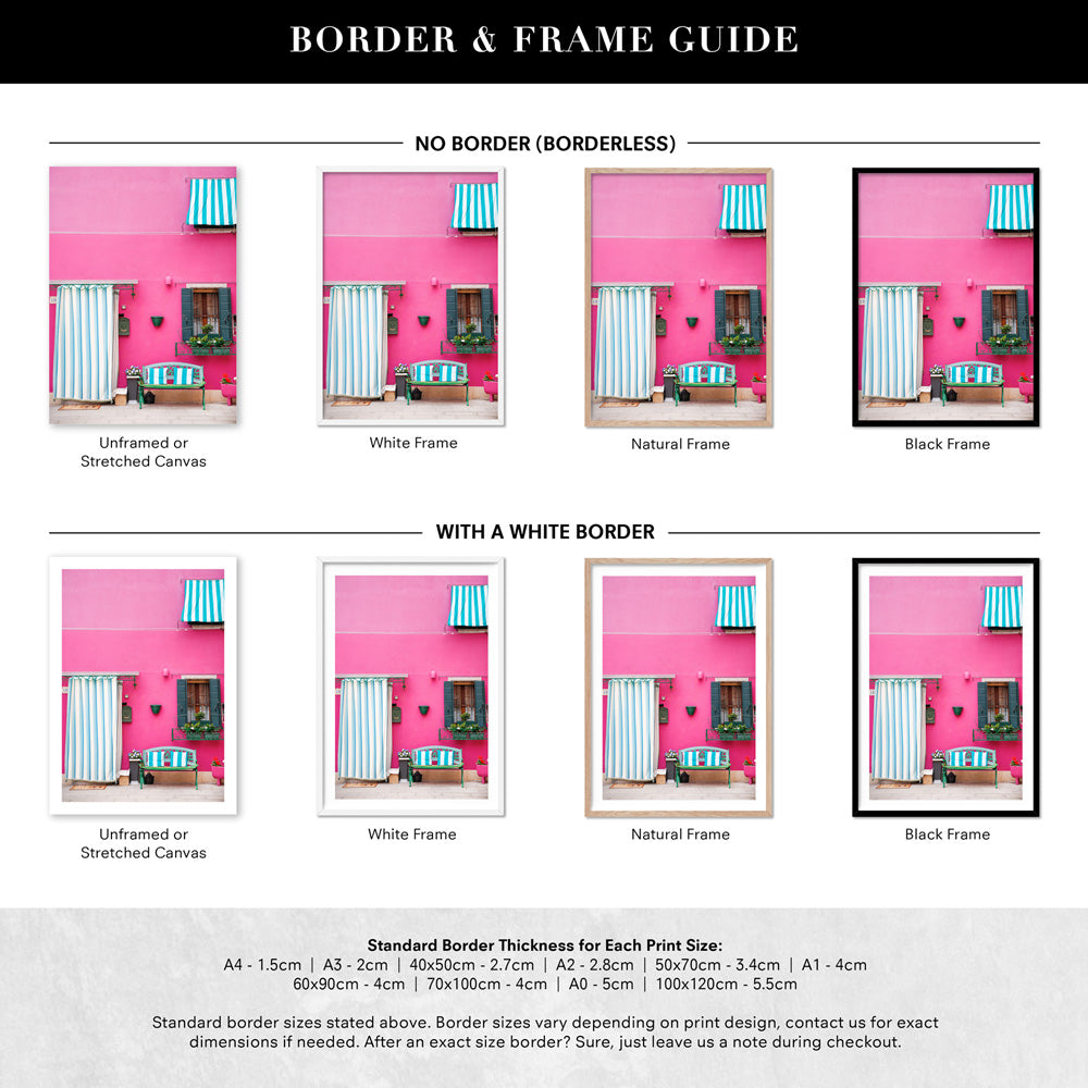 Pink Pop Terrace Burano - Art Print by Victoria's Stories, Poster, Stretched Canvas or Framed Wall Art, Showing White , Black, Natural Frame Colours, No Frame (Unframed) or Stretched Canvas, and With or Without White Borders