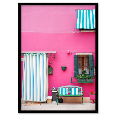 Pink Pop Terrace Burano - Art Print by Victoria's Stories, Poster, Stretched Canvas, or Framed Wall Art Print, shown in a black frame