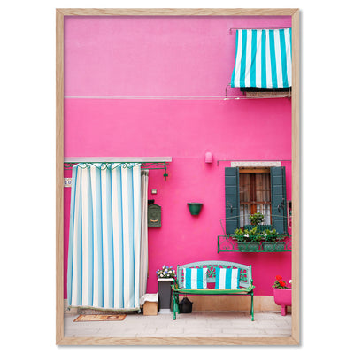 Pink Pop Terrace Burano - Art Print by Victoria's Stories, Poster, Stretched Canvas, or Framed Wall Art Print, shown in a natural timber frame