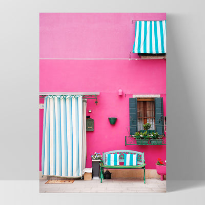 Pink Pop Terrace Burano - Art Print by Victoria's Stories, Poster, Stretched Canvas, or Framed Wall Art Print, shown as a stretched canvas or poster without a frame