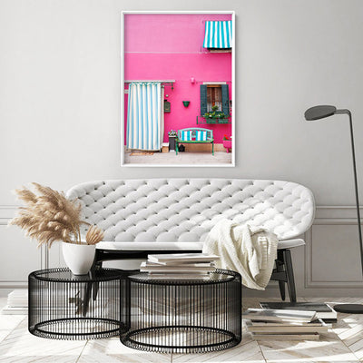 Pink Pop Terrace Burano - Art Print by Victoria's Stories, Poster, Stretched Canvas or Framed Wall Art Prints, shown framed in a room