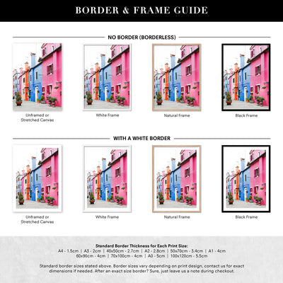 Burano Village Terraces II - Art Print by Victoria's Stories, Poster, Stretched Canvas or Framed Wall Art, Showing White , Black, Natural Frame Colours, No Frame (Unframed) or Stretched Canvas, and With or Without White Borders