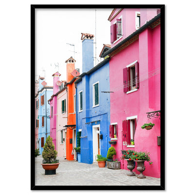 Burano Village Terraces II - Art Print by Victoria's Stories, Poster, Stretched Canvas, or Framed Wall Art Print, shown in a black frame